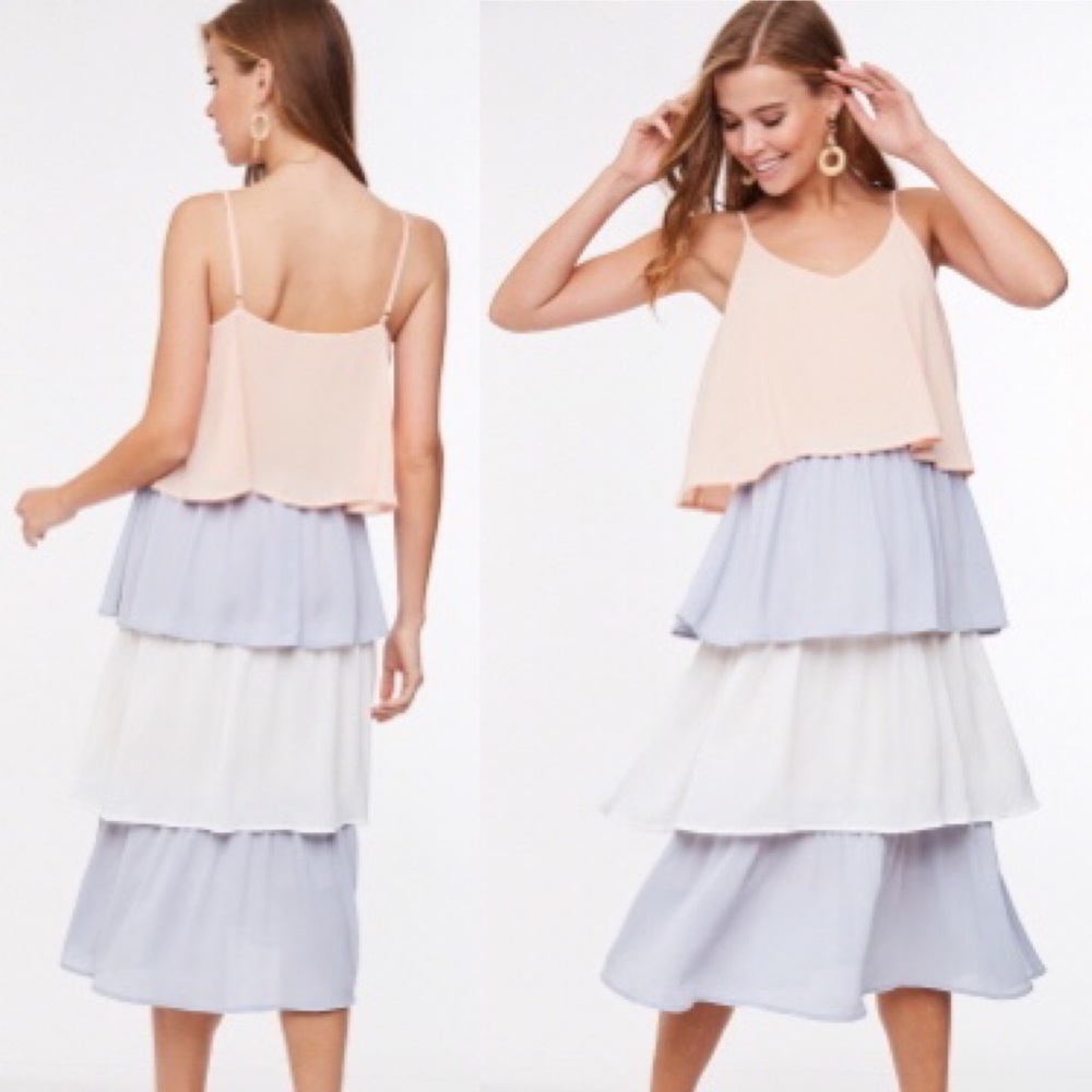 STORE CLOSING SALE! Color Block Tiered Dress in Peach Blue and White